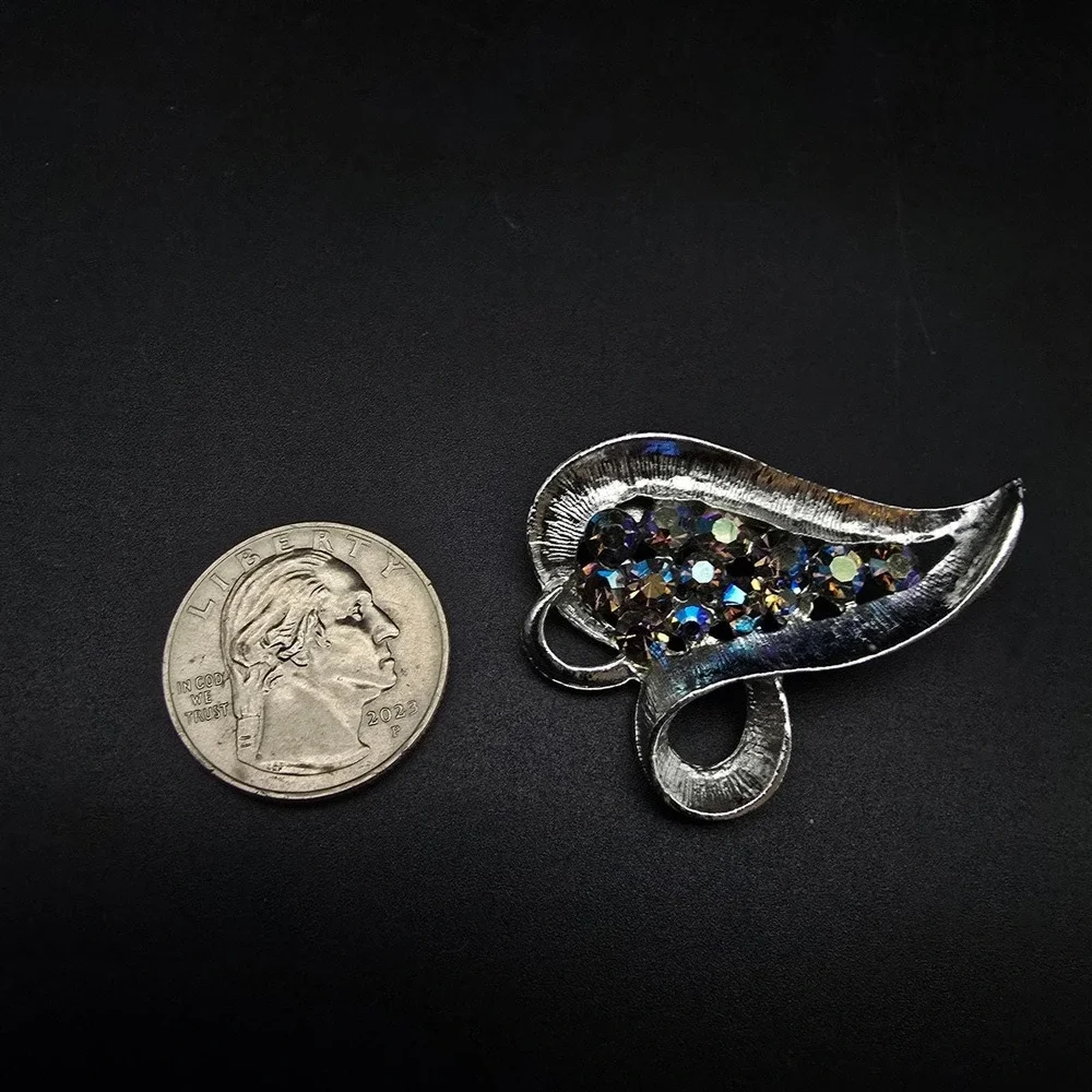 Aurora Borealis Rhinestone Leaf Brooch Silver Tone Blue Vintage Glam Jewelry
